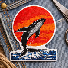 Whale Ocean Sunset Embroidered Patch Iron-On Sea Animal Art