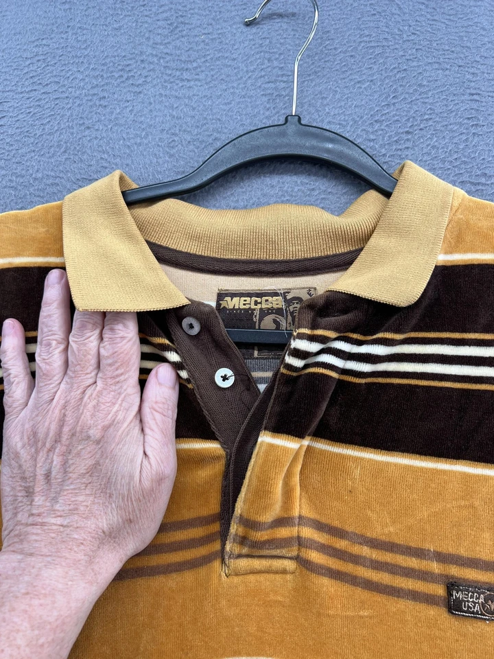 Camisa Meca EE. UU. Para Hombres XL Marrón Amarillo Rayas Rugby Polo Terciopelo Y2K Ropa de Calle Foto 3 de 4