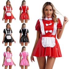 Women French Maid Costume Wet Look Leather Short Puff Sleeve Apron Dress Cosplay