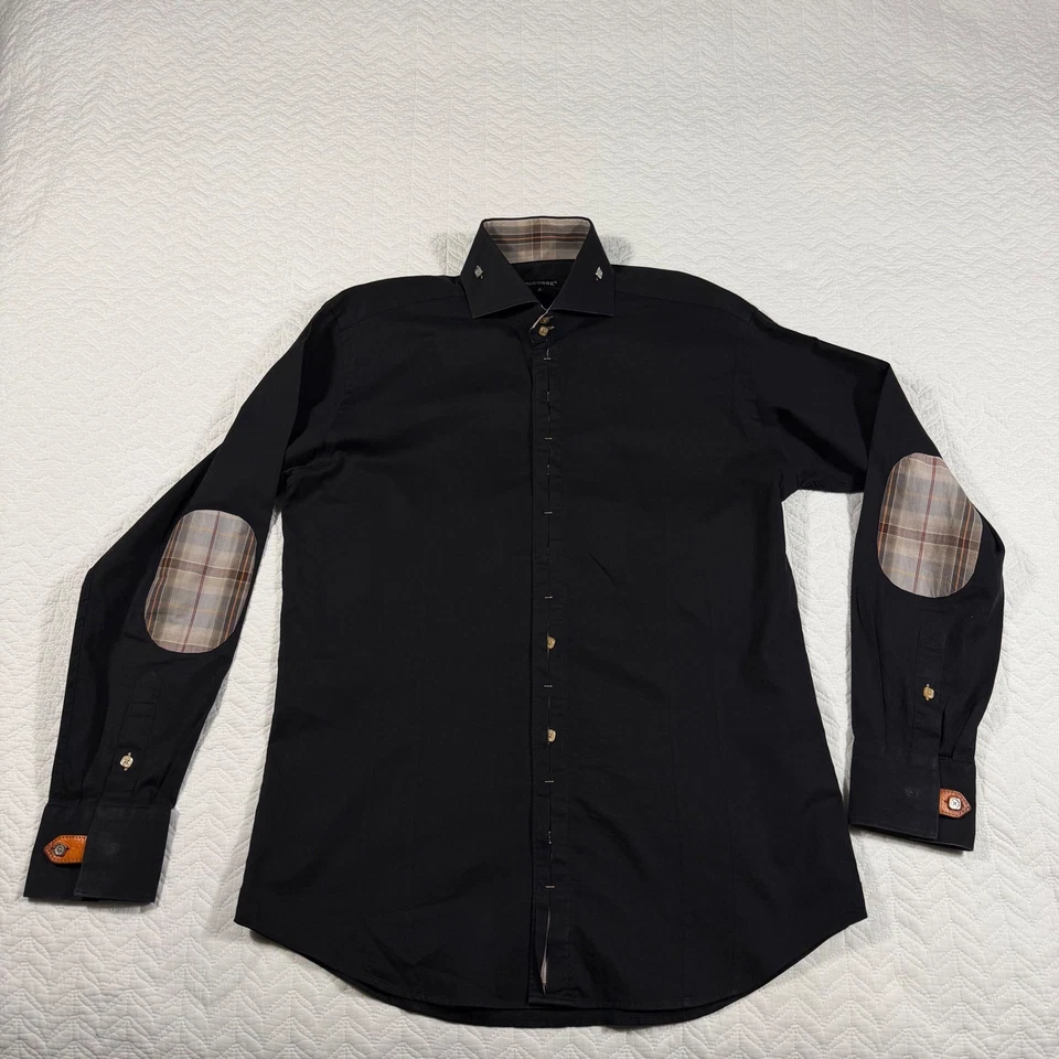 BOGOSSE Black Men's Dress Shirt Size 4 (Large) Elbow Patches Plaid Collar Cuffs - Image 4 of 4