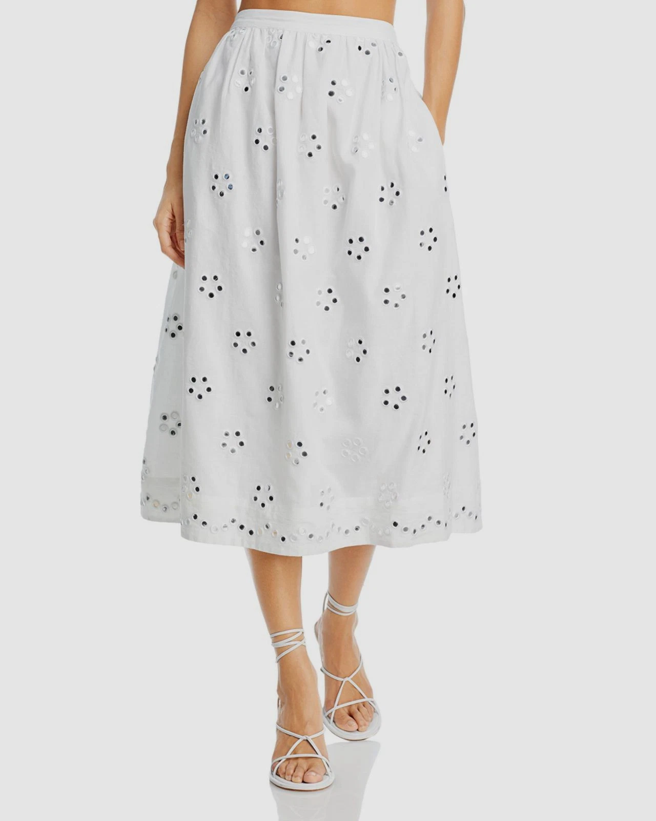Rhode Women's White Linen Mirror Eyelet Elastic Waist Aaron Skirt Size L