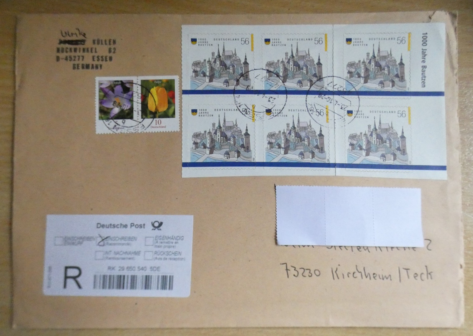 BRD 2002 Brief mit 6x MiNr 2245 gestempelt, aus MH, plus W. Paar 2480/5
