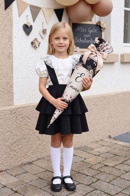 Festliches Set für Mädchen   Schwarzer Glockenrock & Weiße Kurzarmbluse mit Spit