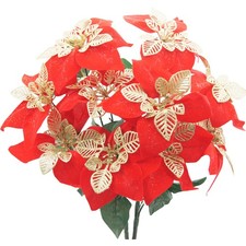 2PCS Poinsettia Flowers Artificial Xmas Red Glitter Silk Poinsettias Bouquet ...