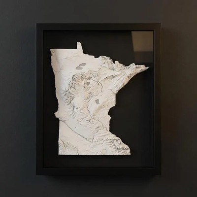 3D Minnesota Map Wall Art: Topography in Black Wood Frame