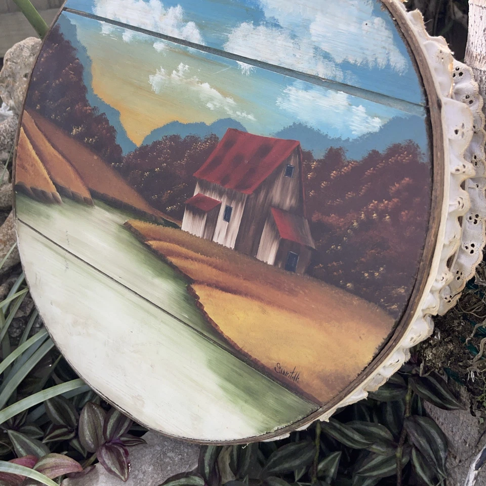 Винтажная шейкерная деревянная коробка из кедра с ручной росписью подписанная сцена с крышкой - Изображение 3 из 4