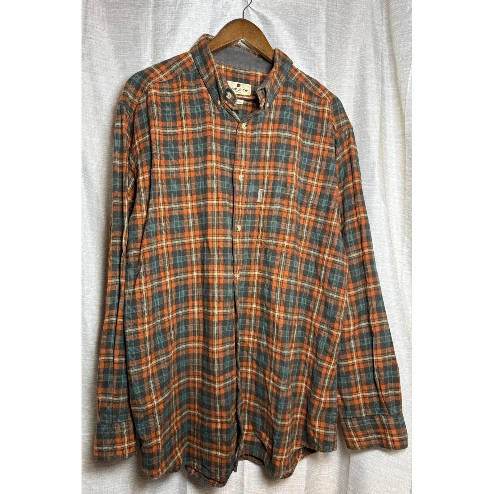 Woolrich Mens L Plaid Flannel Button Down Shirt Orange Green Long Sleeve