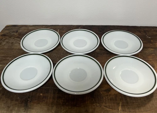 Vintage PYREX double Tough 5 7/8” Saucer Milk Glass White Green Stripe USA LOT 6