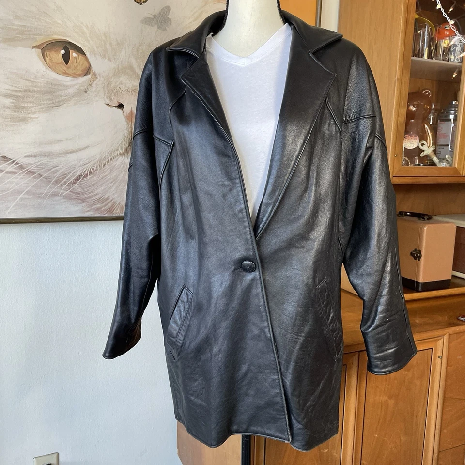 VTG 1980s Black Leather Jacket Man Woman Oversized Designer Fashion Coat, Party