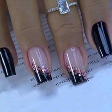 Square Shape Medium Length Press On Nails with Black and Nude Colorblock Design