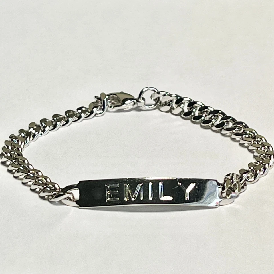 Pulsera ID Nombre Vintage EMILY Tono Plata Chapado en Rodio 7.5" Niñas Adolescentes Años 90 Foto 3 de 4