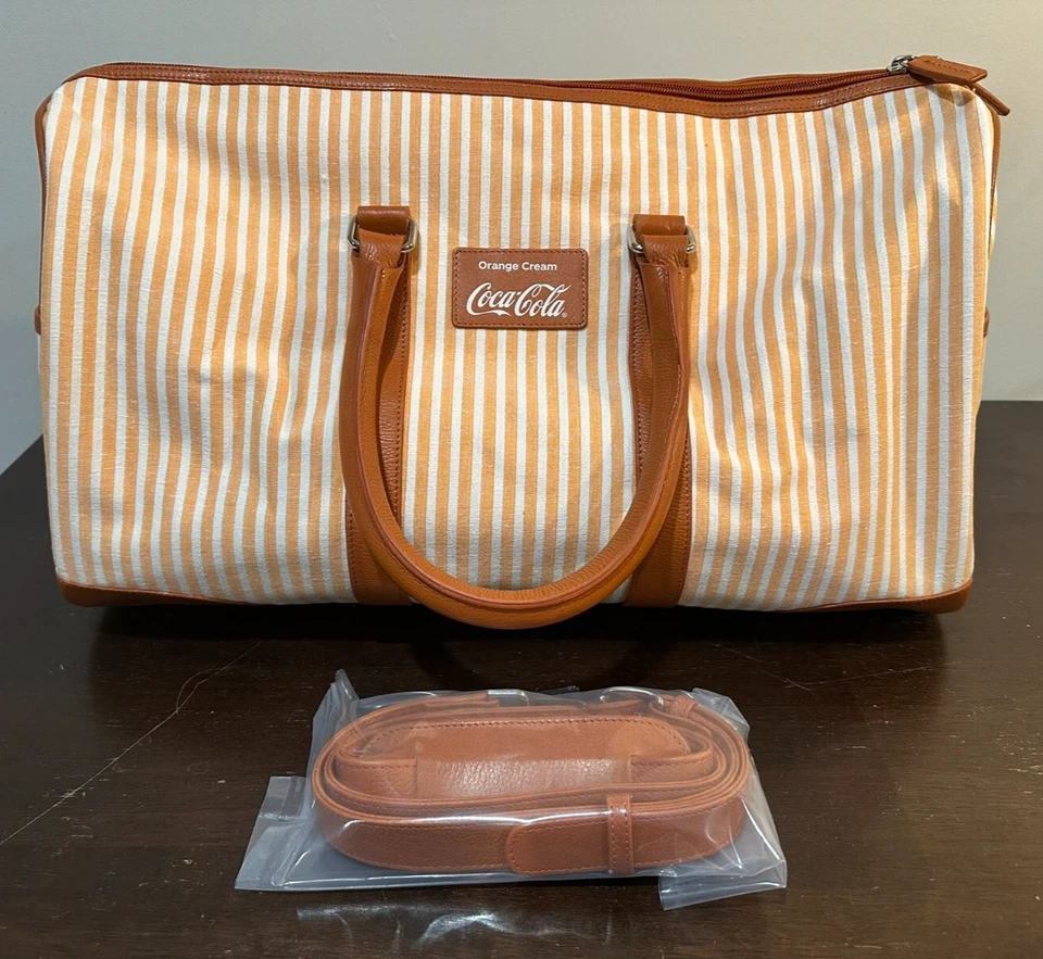 NEW Coca-Cola Rare Canvas Orange Cream Striped Zipper Leather Duffle Bag 18” - Image 2 of 4