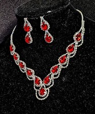 Red Crystal Choker Rhinestone Necklace Earring Set Bridal Prom Pageant
