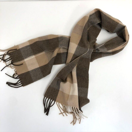 Lochmere Cashmere Scarf Brown Beige Plaid Fringe Knit Pretty Womens One