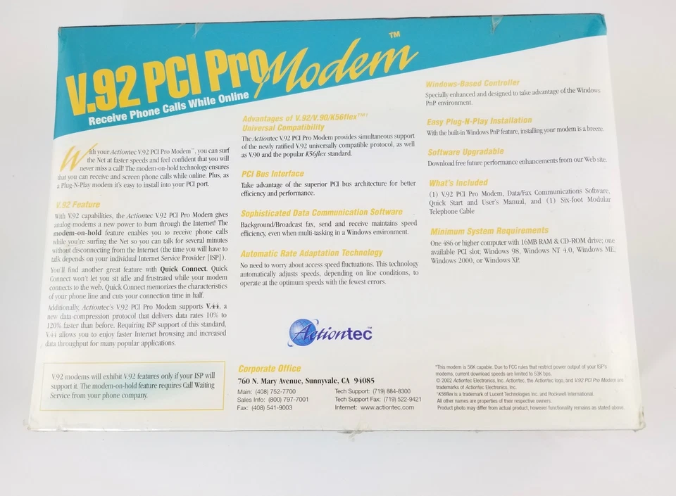 Actiontec V.92 PCI Pro Modem, Windows, Factory Sealed. - Image 2 of 3