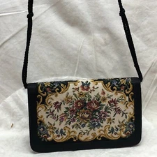 Vintage Magid Black Fabric Evening Handbag Purse Maraud Floral Embroidered
