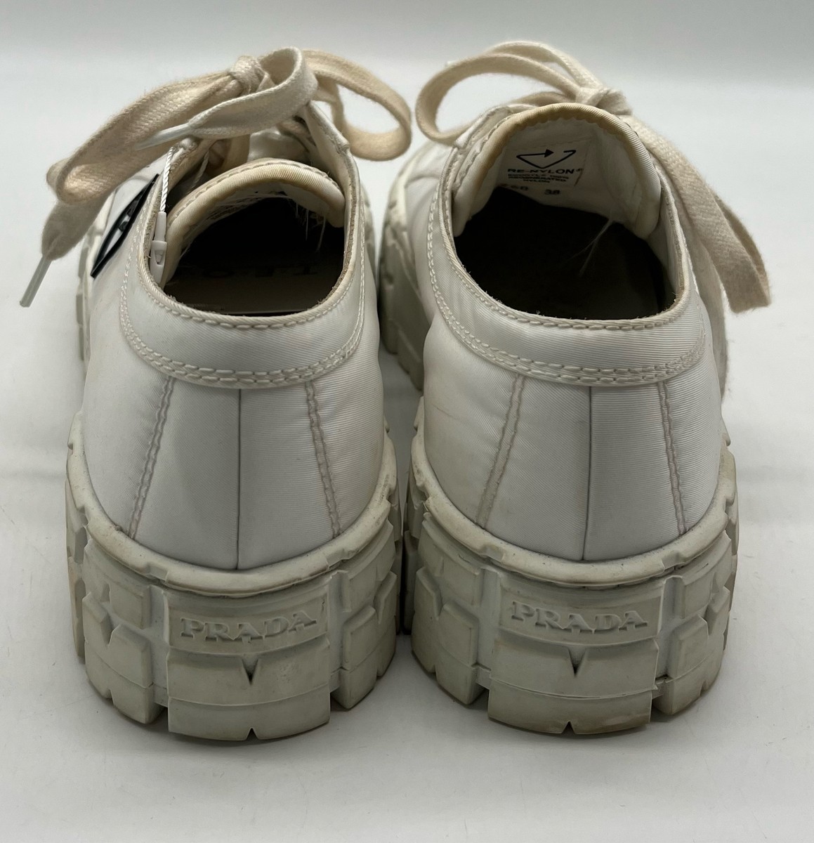Prada White Double Wheel Flatform Logo-Enamel Lace-Up Sneaker sz