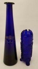 2 VINTAGE COBALT BLUE VASES 12" AND 7" TALL SILVER