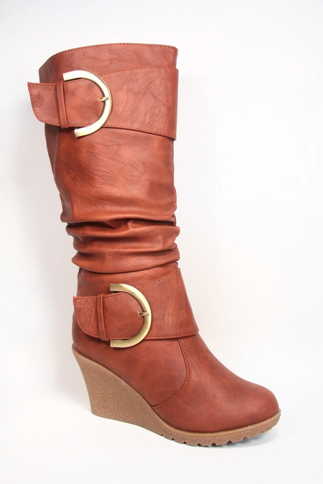 Women's Lace Low Wedge Mid-Calf Knee High Slouchy Boot Shoes Size 5 - 10 NEW - Image 4 of 4