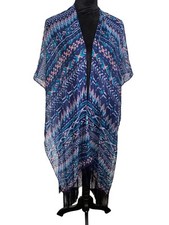 Womens Abstract Tribal Print Kimono Cardigan Wrap With Fringe Boho Fairy Y2K