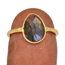 18k Gold Vermeil - Natural Labradorite - Madagascar 925 Silver Ring s.6 CR72823