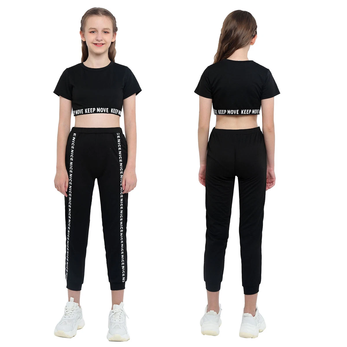 Girls Gymnastics Tracksuit Kid Short Sleeve Crop Top Leggings