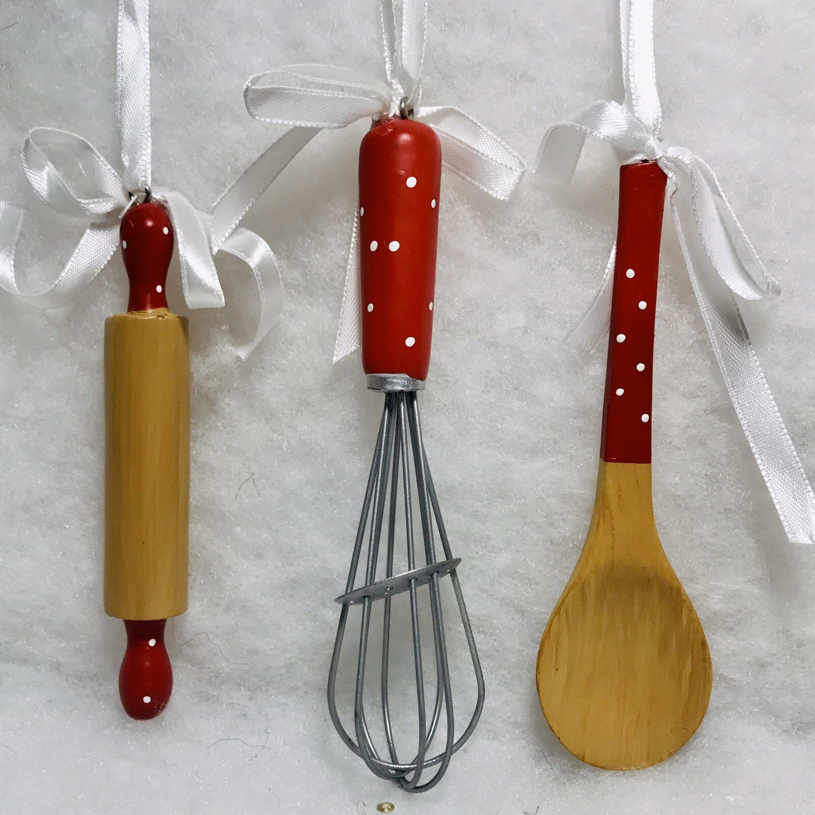 Kitchen Utensil Christmas Ornaments, Rolling Pin, Whisk. Spoon. Polka