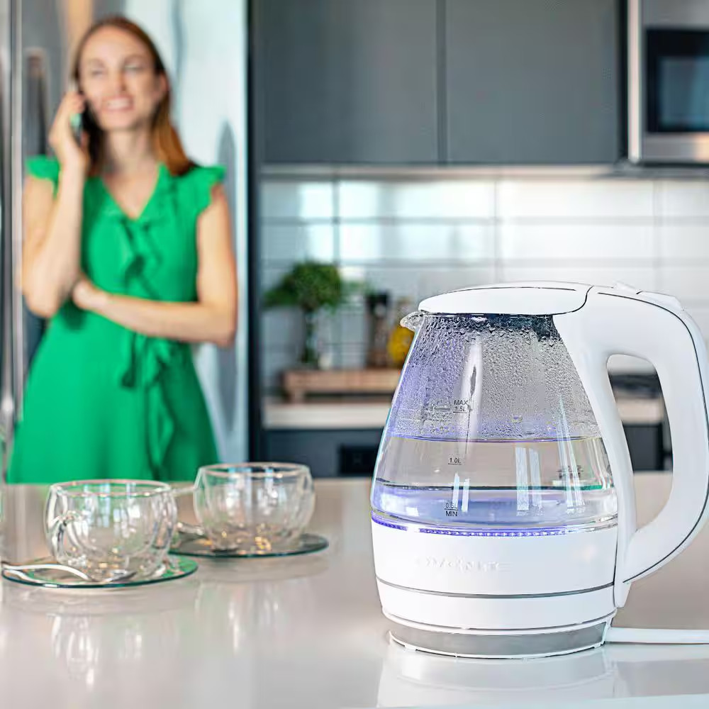 OVENTE Illuminated 6.5-Cup White Electric Kettle with Filter & Auto-Shut Off Fea