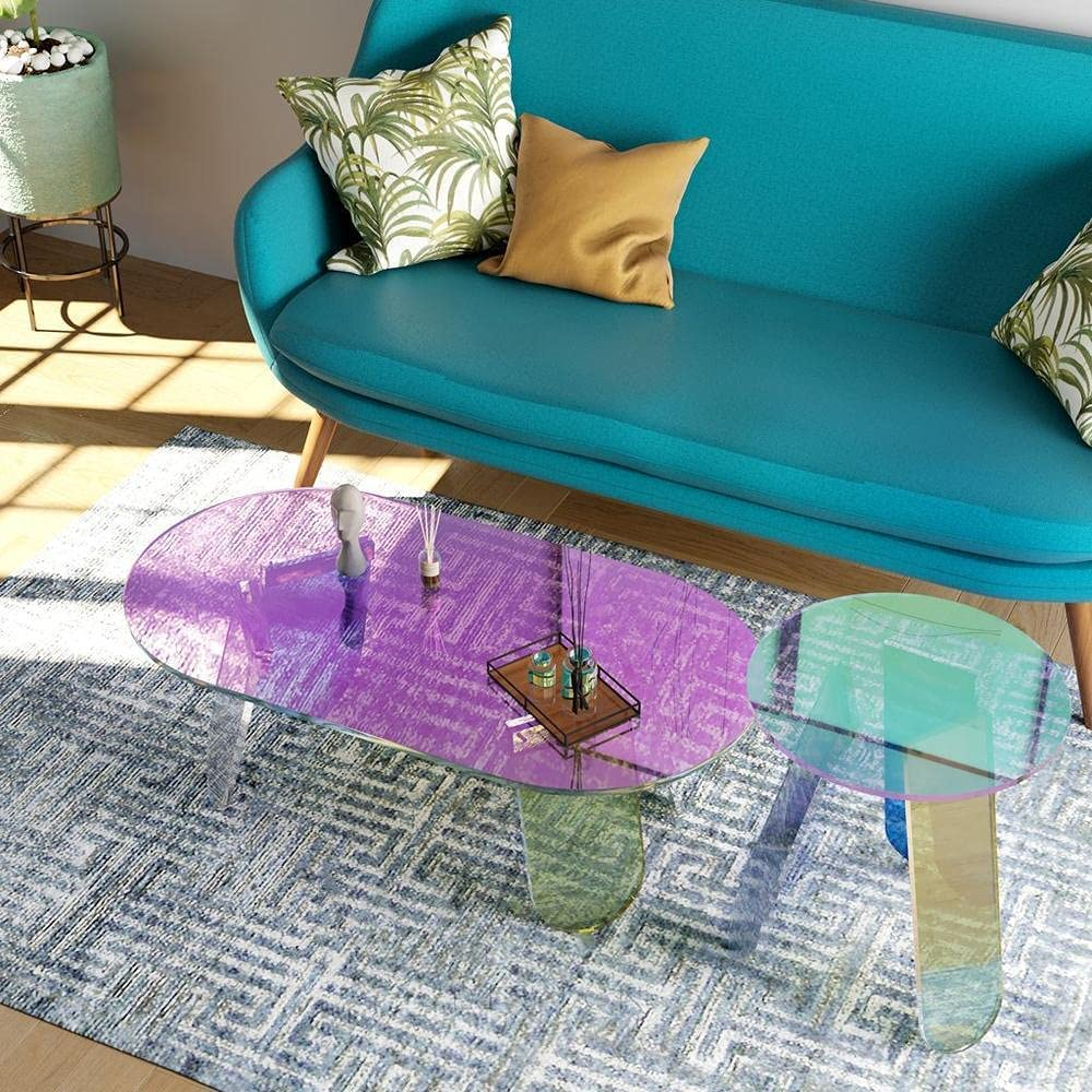 Rainbow Color Acrylic Coffee Table Iridescent Glass End Round Side Modern Accent