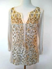 Tiny Womens Ivory Popover Roll Tab Sequin Fuzzy Detail Shirt Top Size Medium