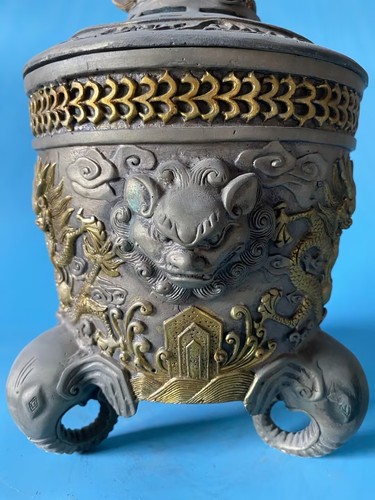 Old Objects Collectable Silver with gold tracing Double Dragon Incense Burner - Picture 4 of 8