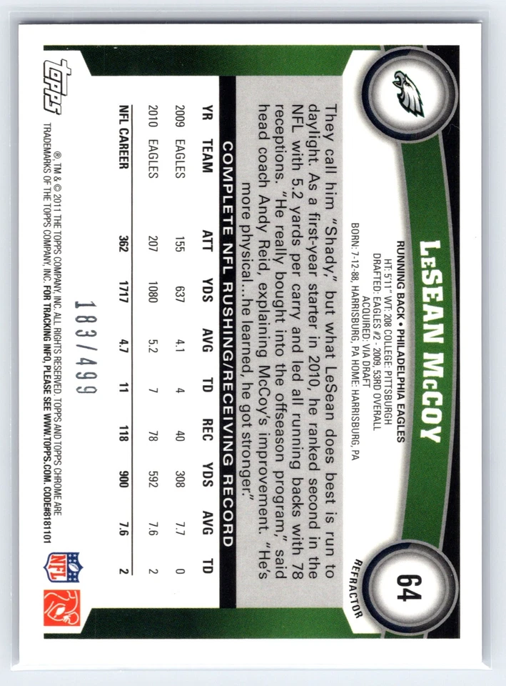 2011 Topps Chrome Retail Purple Refractor /499 LeSean McCoy #64 - Image 2 of 3