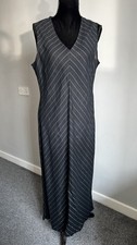 East 100% Linen Black Pinstriped V-neck Maxi Dress Sleeveless Smart Work UK 16