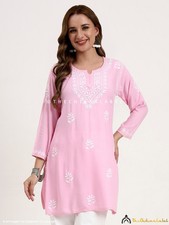 Pink Rayon Chikankari Short Kurta, Hand-Embroidered Short Kurti Top For Women
