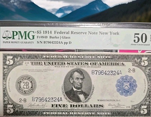 1914 $5 Federal Reserve Note, New York, 50 PMG Certificate, About UNCIRCULATED,