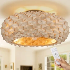 20" Boho Style White Rattan Fandelier, Flush Mount Ceiling Fan with Light & R...
