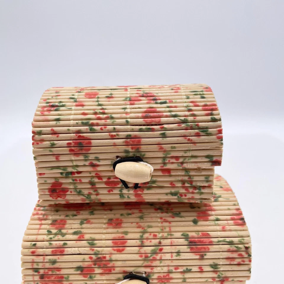 Floral Bamboo Trinket Boxes Set of 3 Decorative Storage Bins Vintage Organizer - Image 3 of 4