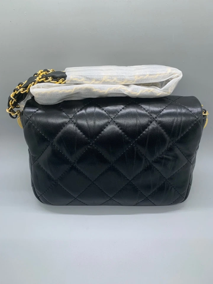 Brand New Quilted Black Leather Flap Bag – 20cm, Gold Chain Hardware - Image 3 of 4