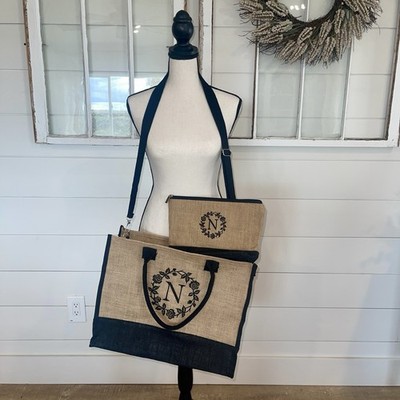   N   Monogramed Canvas Bag With Make Up Bag Set Adjustable Strap Zipper closure