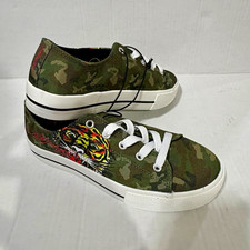 Ed Hardy Men  s Canvas Camo Lace-Up Sneakers Tiger Theme, Round Toe US 5