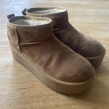 Rock & Candy Samira Brown Faux Suede Faux Fur Sequined Platform Slippers Sz 9