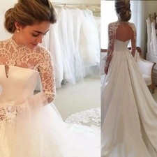 Elegant Long Sleeves Wedding Dresses Sweep Train Lace Satin Backless Bridal Gown