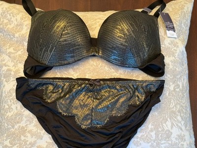 Lane Bryant Cacique Black& Gold Women's Max Boost Plunge Bra 42B & Panties 14/16