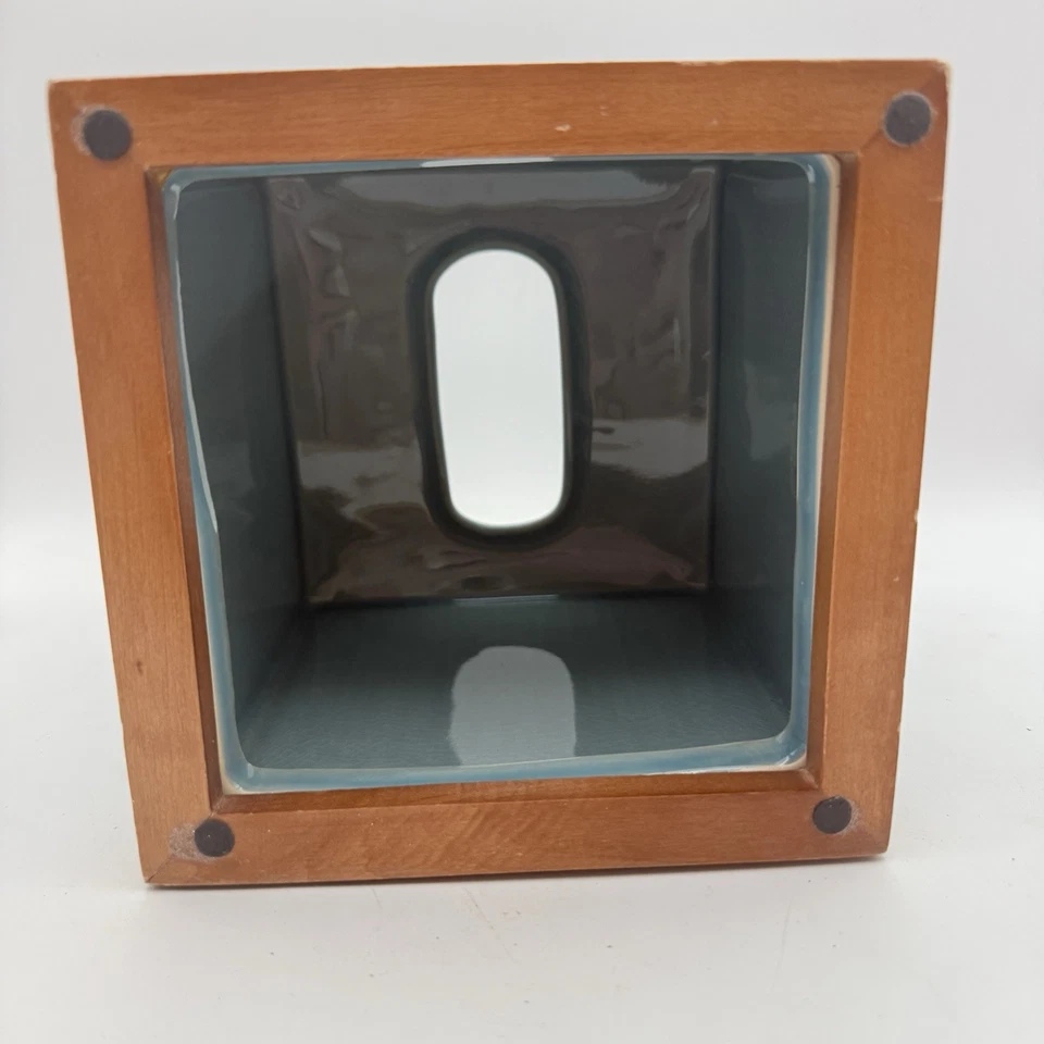 Aqua Blue Ceramic Tissue Box Holder With Wood Cottage Core Nautical Beach Vibes - Image 4 of 4