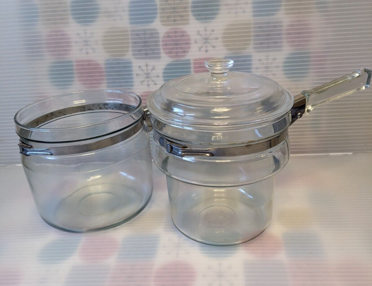 Mid Century Vintage Pyrex Flameware Blue Glass Double Boiler/Insert