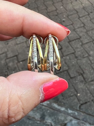 14K TWO TONE WHITE YELLOW GOLD DIAMOND LARGE HALF HOOP HUGGIE EARRINGS OMEGA LOC - Imagen 24 de 24