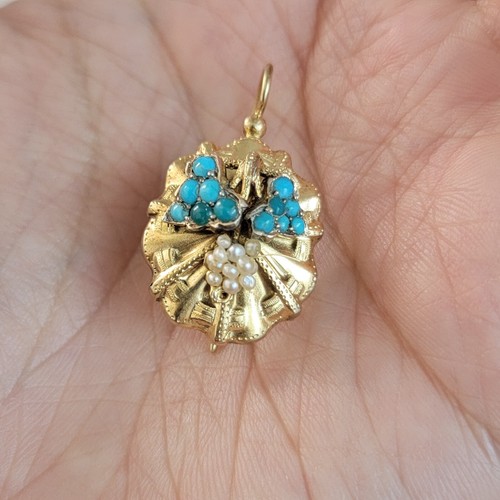 Antique Victorian 18K Gold Turquoise & Pears Dangle Shield Shape Earrings - Picture 4 of 7