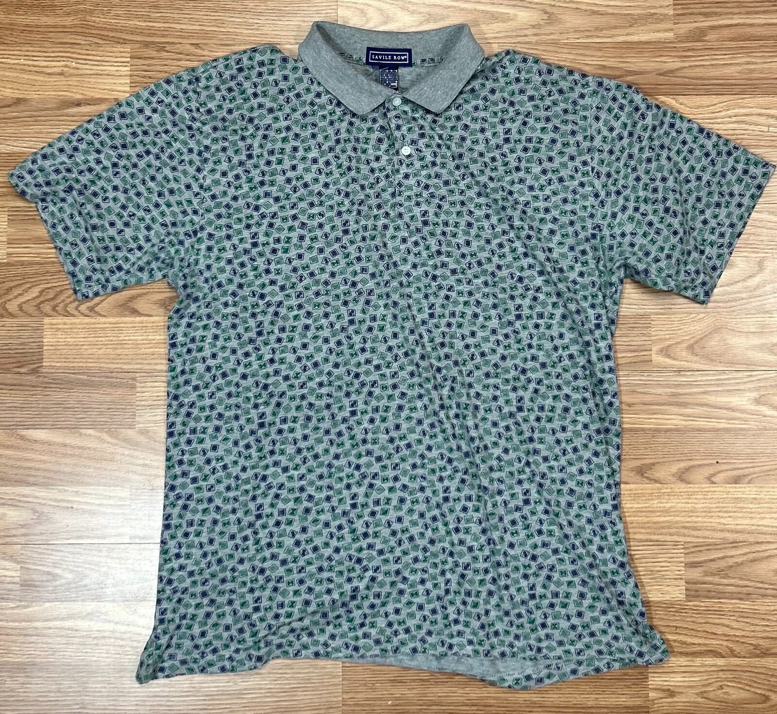 FILA Polo VINTAGE Savile Row uomo XL blu verde stampa dadi golf