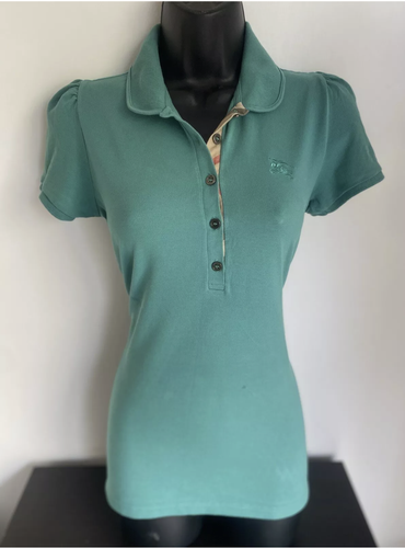Burberry Brit Women's Polo Emerald Green Shirt Size S Top with Check Neck Trim - Picture 10 of 10