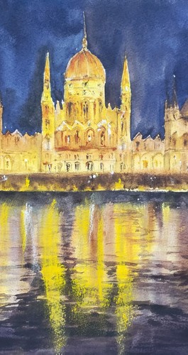 Original Watercolor Painting Parliament Building, Hungary, Night Cityscape - Picture 3 of 12